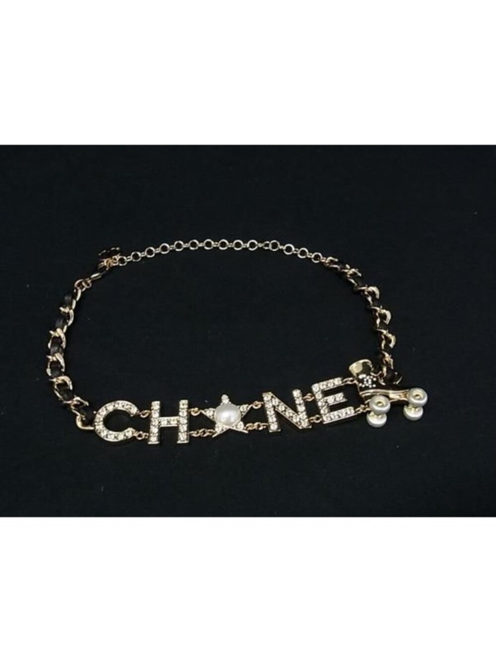 Chanel Logo CC Leather Rhinestone Pearl Roller Skates Necklace Gold